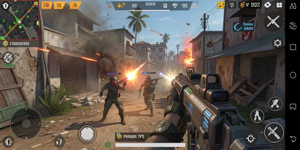 Screenshot gameplay 73K menampilkan aksi pertempuran yang dinamis.