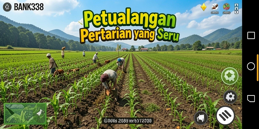 Screenshot BANK338 menampilkan grafik indah dan aktivitas bertani yang menyenangkan.