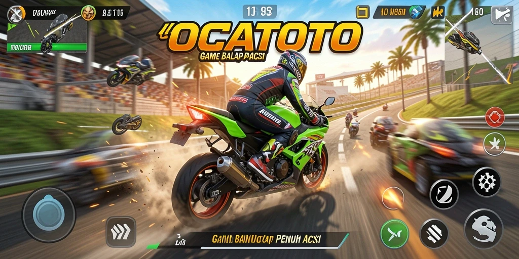 Tampilan gameplay mendebarkan dalam balapan motor di OCATOTO.
