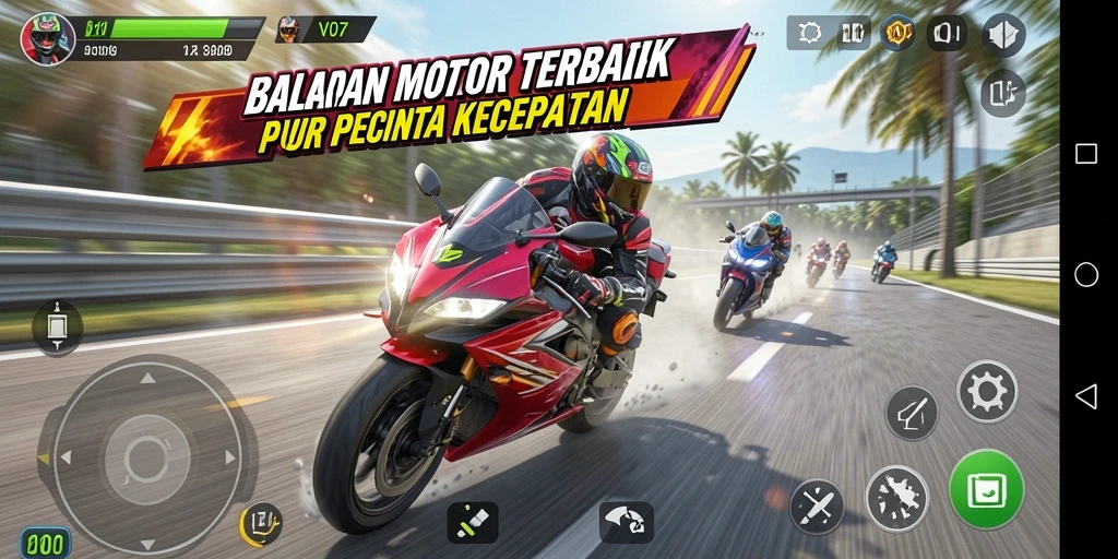 Tampilan gameplay V07 saat balapan motor di lintasan menantang.